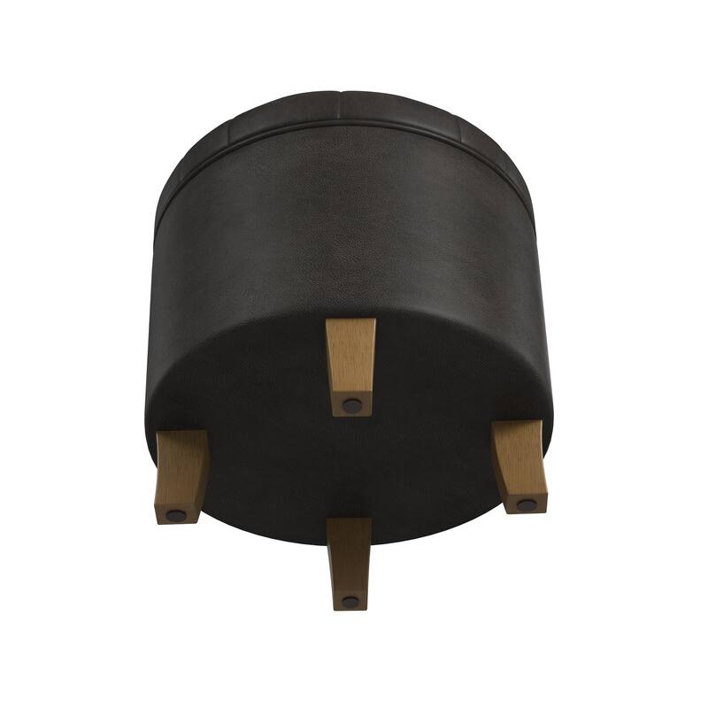 Wes Round Storage Ottoman, Black Faux Leather, Hardwood, 19 Inch