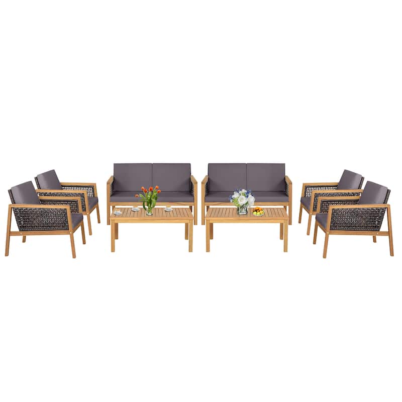 8PCS Patio Rattan Furniture Set Acacia Wood Cushioned Sofa Off - Grey