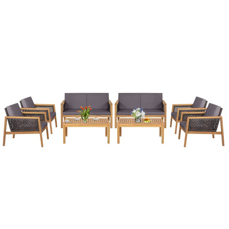 Costway 8PCS Patio Rattan Furniture Set Acacia Wood Cushioned Sofa Off