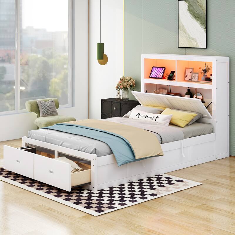 Full Size Hydraulic Platform Bed with Storage, LED Headboard, Charging Station, and 2 Drawers in White