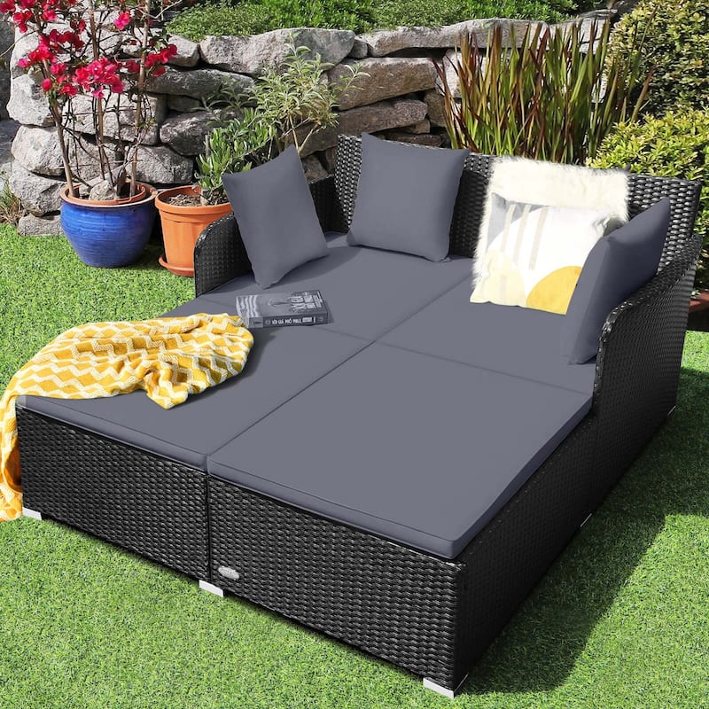 Outdoor Patio Rattan Daybed Pillows Cushioned Sofa Furniture