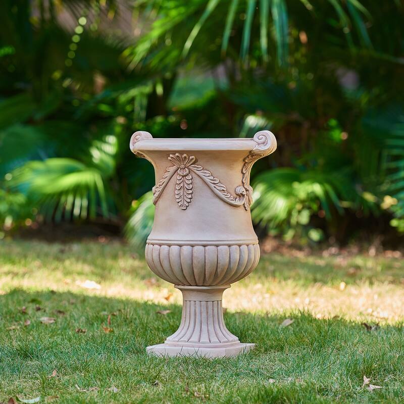 Christopher Knight Home - Fernrise 24.80"H Outdoor Classical Floral Relief Carvings MGO Urn Planter, Drainage Hole & Ventilation