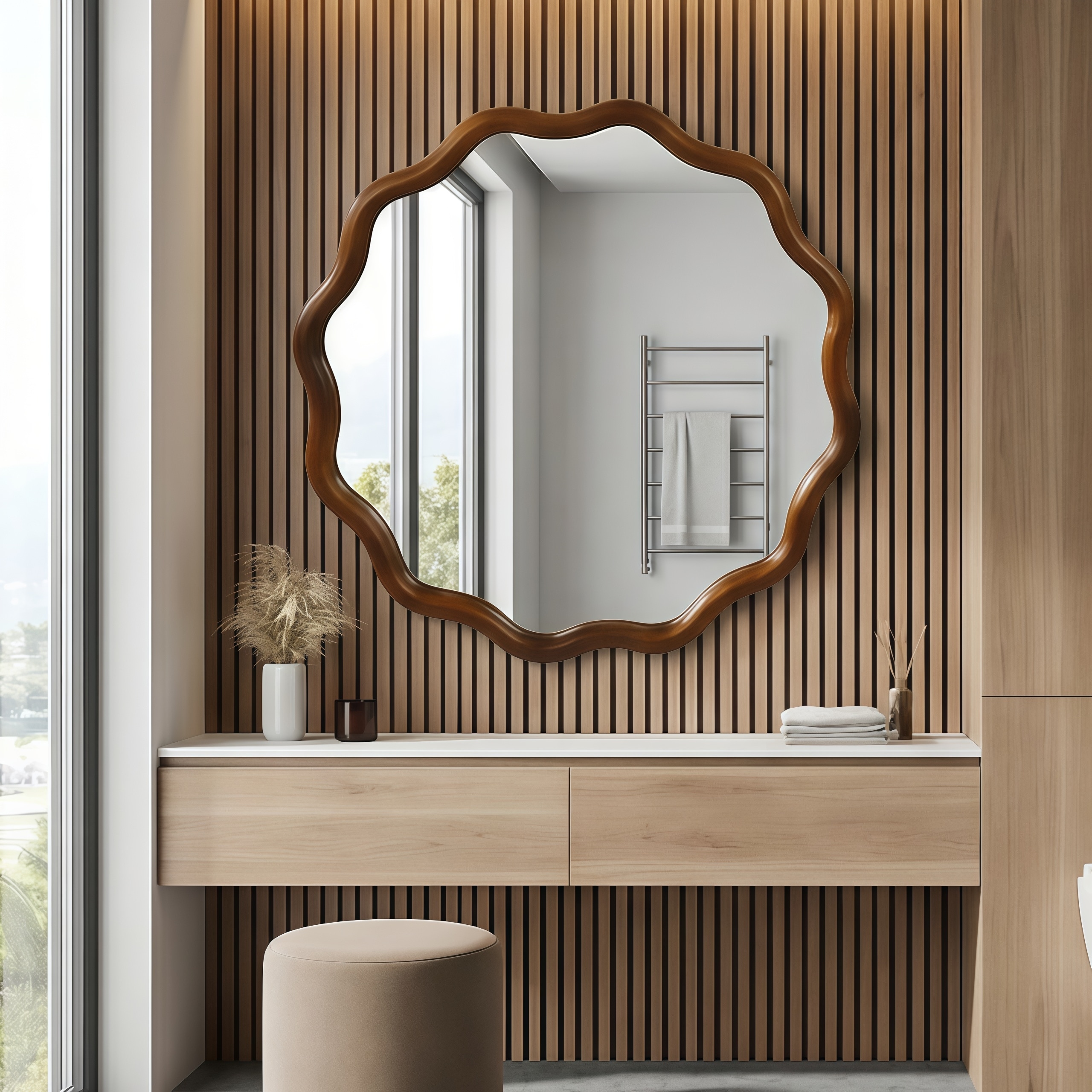 Wavy Round Solid Wood Frame Decorative Mirror
