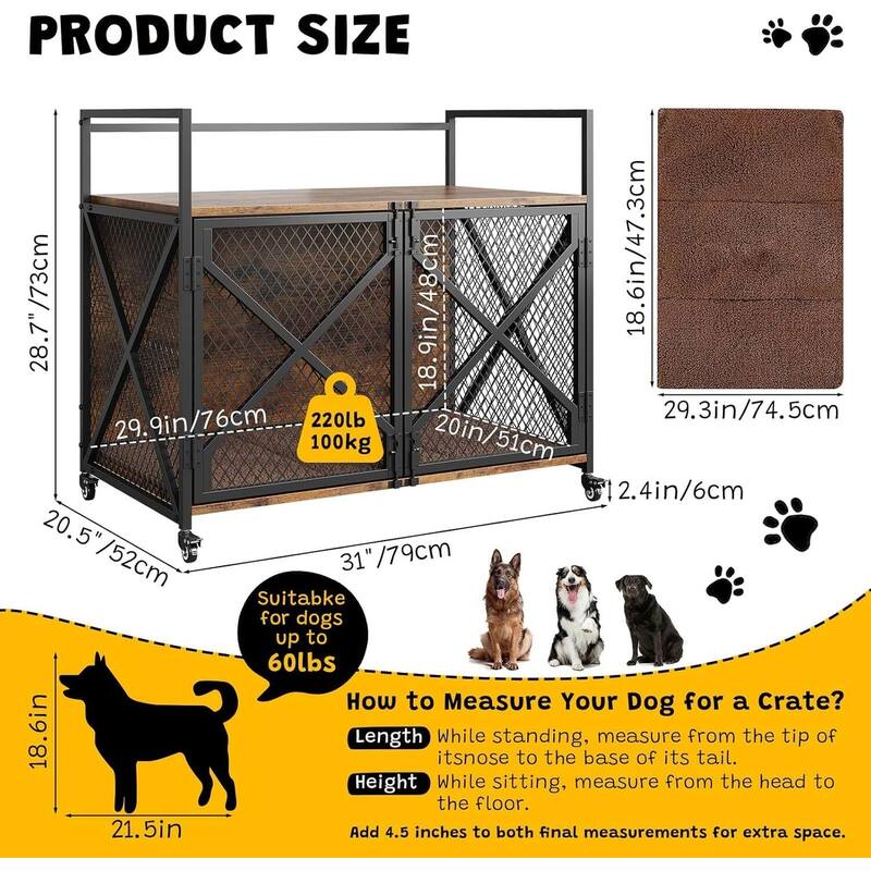 Dog Crate Furniture, with Lockable 360° Wheels