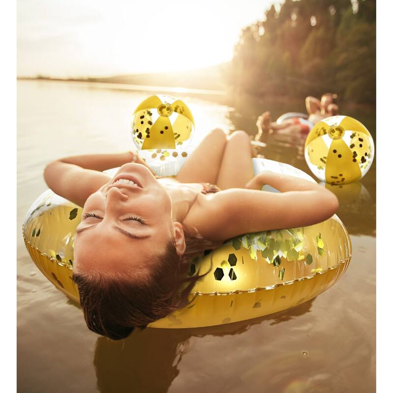 Mozlly Bundle of Gold Inflatable Pool Float Tube And Beach Balls - ‎37 x 37 x 9.5 inches