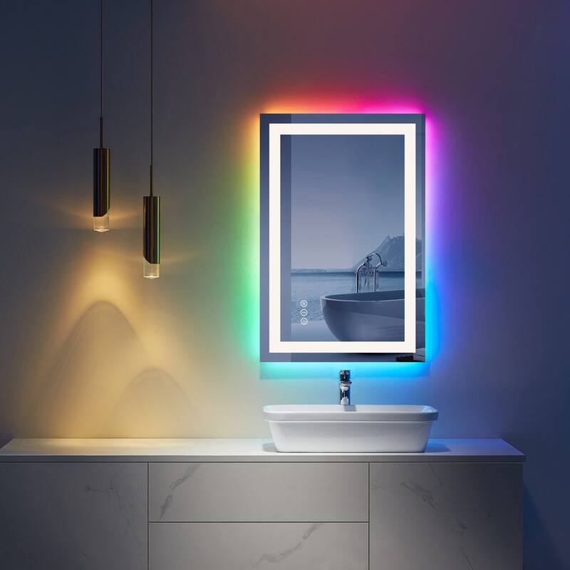 KIOTEE Rectangular LED Frontlit & RGB Backlit Anti-Fog Tempered Glass Bathroom Vanity Mirror with ETL and 3-Year Warranty