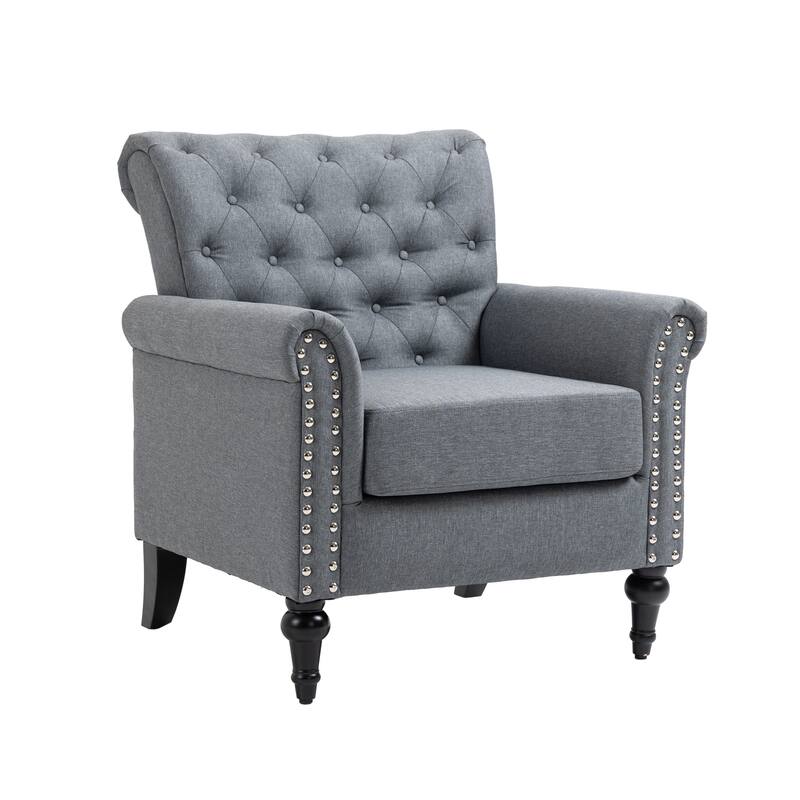 Linen Armchair w/Tufted Back/Wood Legs