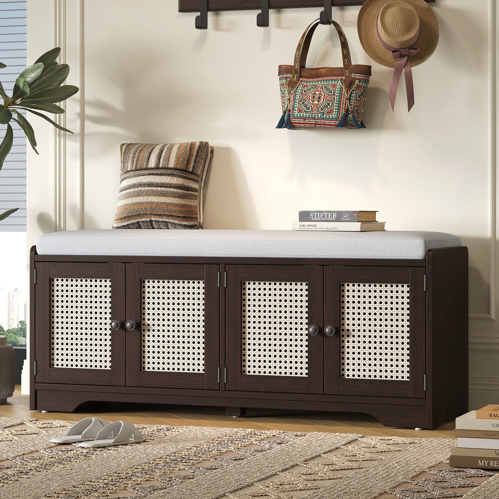 Rustic Storage Bench Multifunctional Wood Entryway Shoe Bench with Removable Cushion, Woven Rattan Doors & Adjustable Shelves