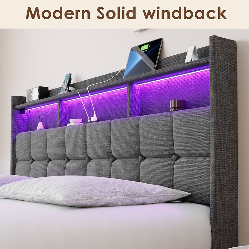 King Size Upholstered Platform Bed with LED Lights, Charging Station & Storage Headboard, No Box Spring Needed