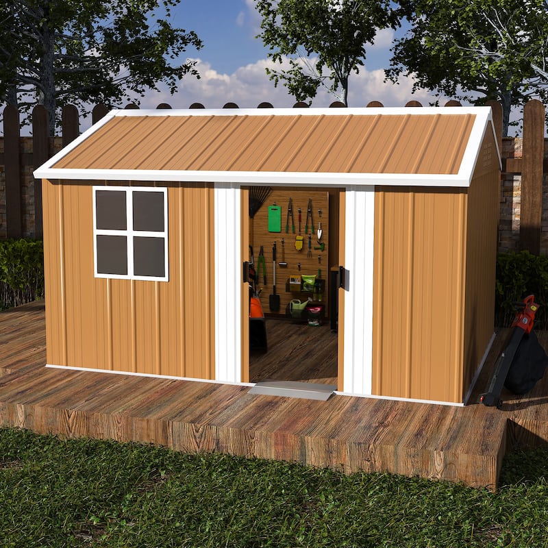 12x8 FT Heavy-Duty Metal Storage Shed with Windows, Lockable Door & Ventilation - Weatherproof Outdoor Garden Shed. - 12x8 FT - Brown -  12x8 FT