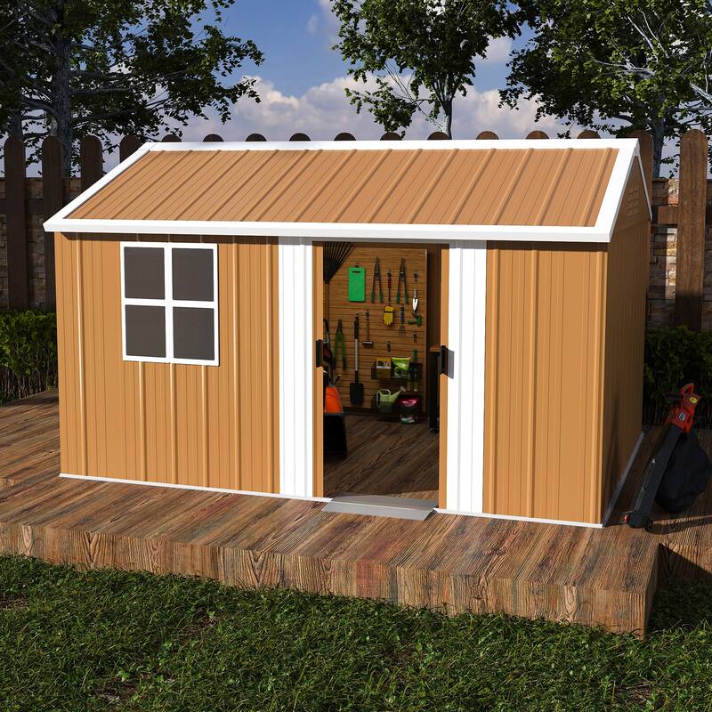 12x8 FT Heavy-Duty Metal Storage Shed with Windows, Lockable Door & Ventilation - Weatherproof Outdoor Garden Shed - Brown