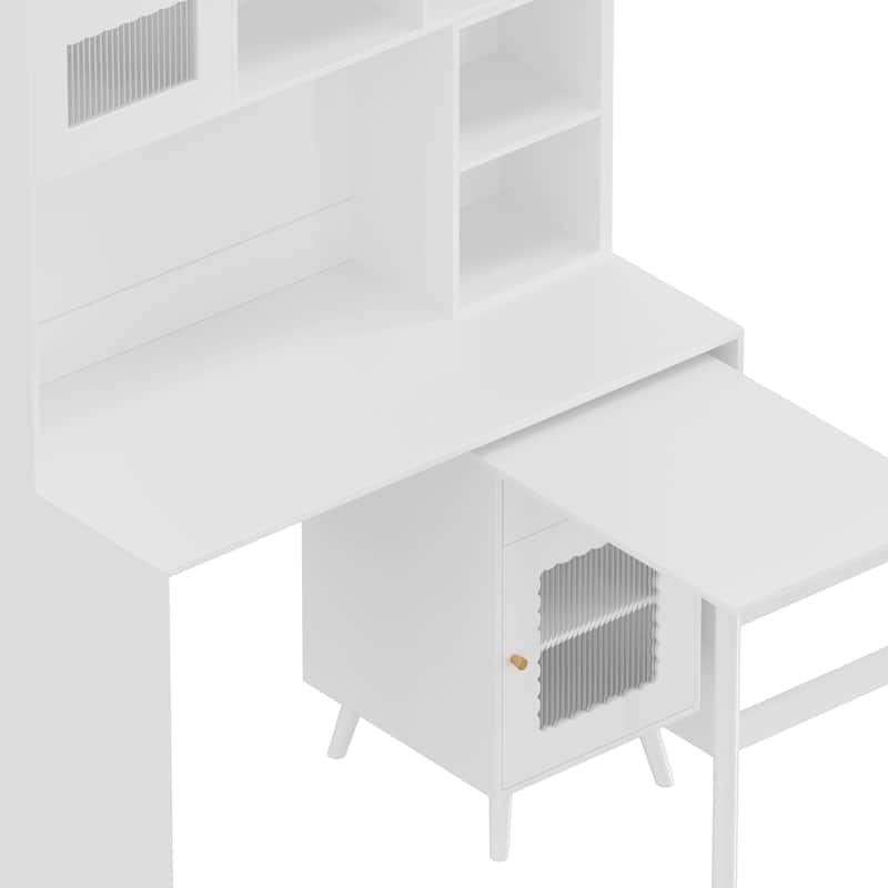 Computer Desk with 90 Degree Rotating Desktop, 43x70 Inch Office Desk with Storage Drawer and Cabinets, Desk with Shelves