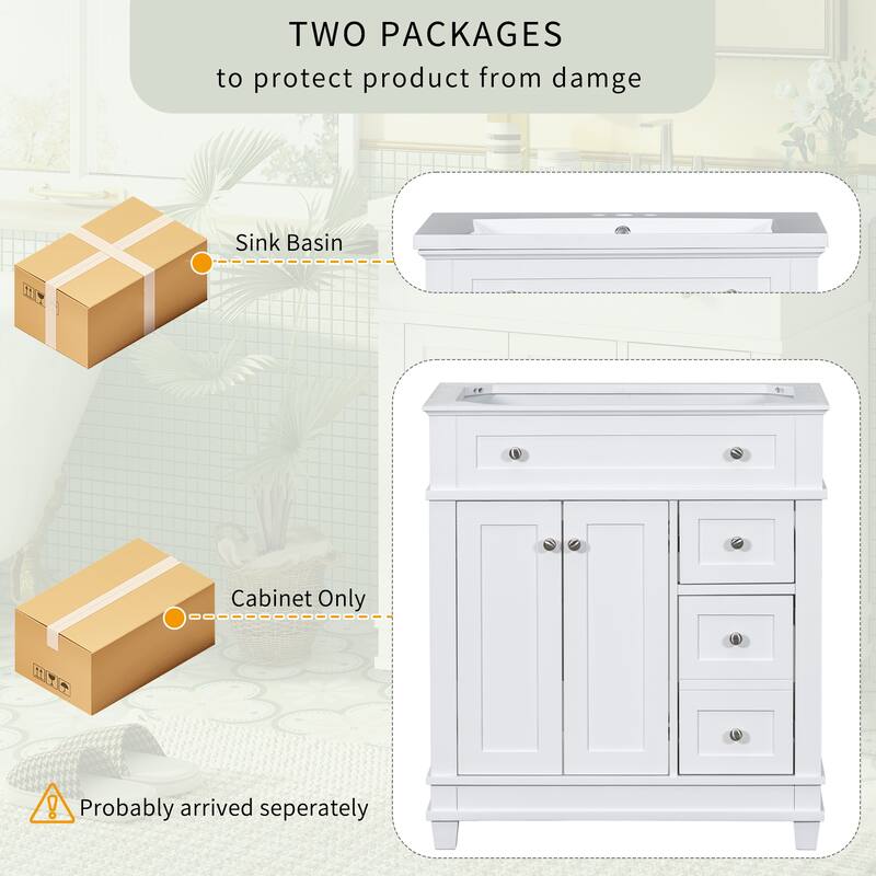 30" Bathroom Vanity Cabinet with Sink Combo Set,Undermount Resin Sink,Freestanding Vanity Set with 2 Drawers& Soft Closing Doors