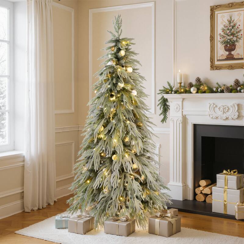 6FT Pre-Lit Spruce Snow Flocked Christmas Tree, Artificial Hinged Xmas Tree with LED Lights, Holiday Office Home Décor