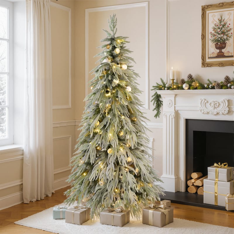 Christopher Knight Home - Spruce Winter Modern Artificial Christmas Tree with Pre-Lit LED Lights and Snow-Flocked Design