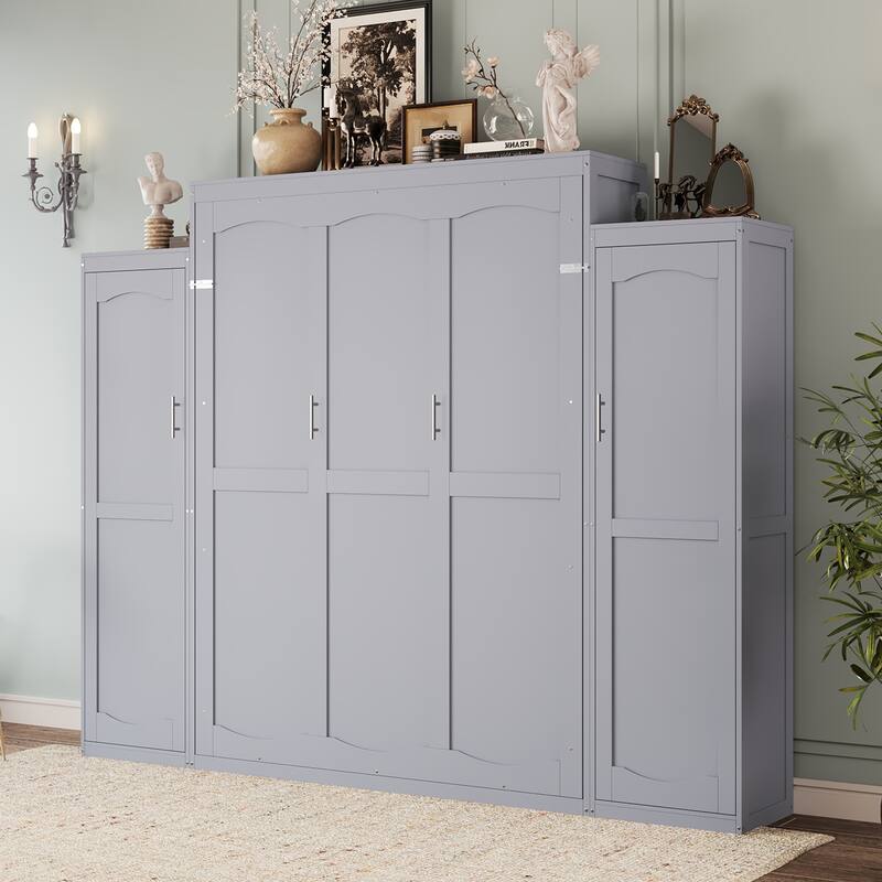 Multifunctional Queen Size Wooden Murphy Bed w/ 2 Wardrobe & Storage Shelf Foldable Wall Bedframe for Guest-Room, Bedroom