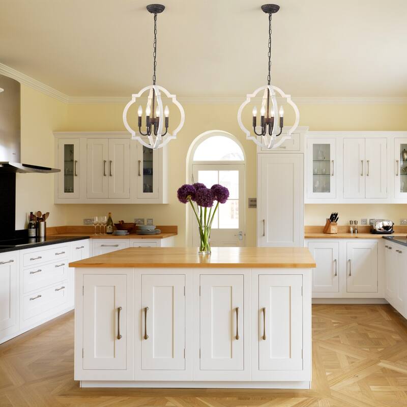 4-Light W16.34" x H78.74" Wooden Lantern Rustic Chandeliers for Dining Room