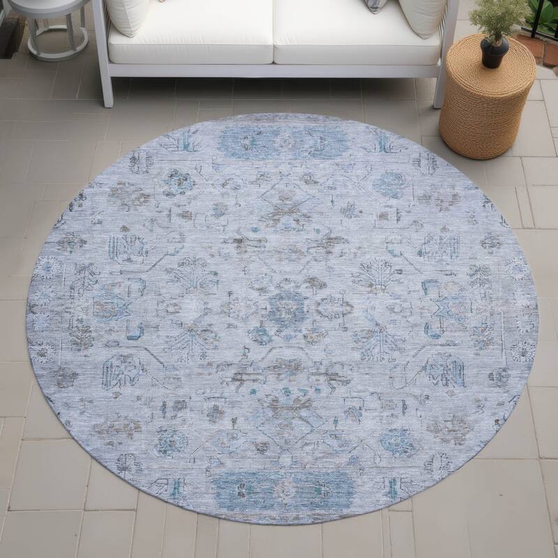 Machine Washable Indoor/ Outdoor Traditional Border Chantille Rug - Sky - 8' x 8'