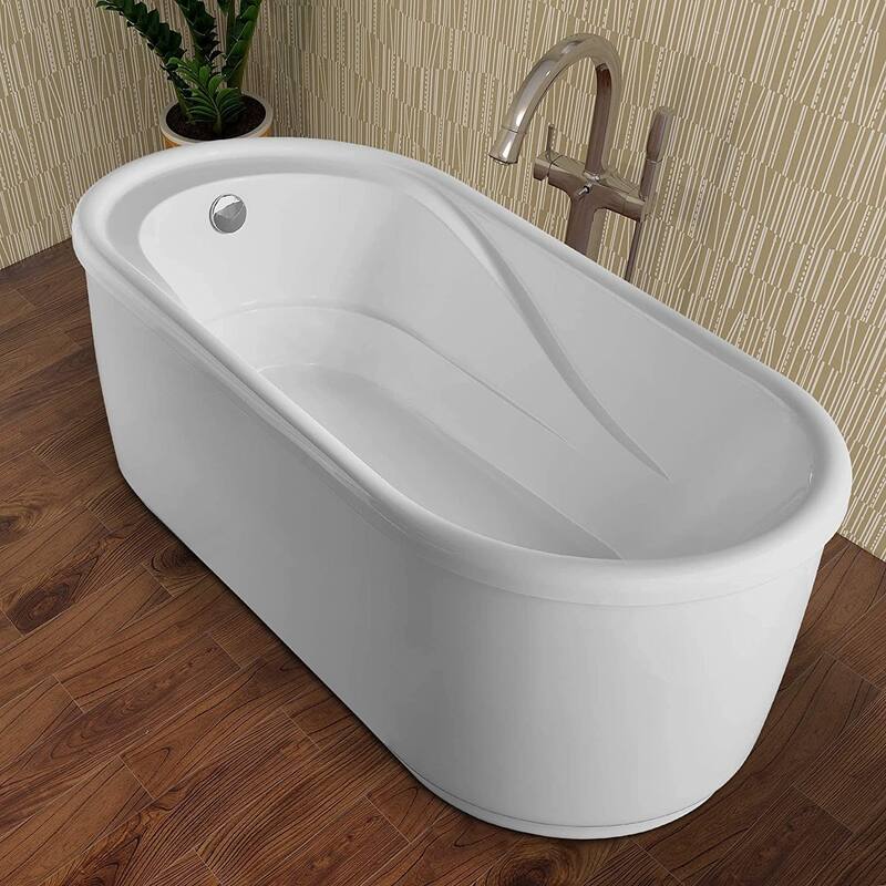 Vanity Art 59-Inch Freestanding Acrylic Bathtub Stand Alone Soaking Tub with Polished Chrome Round Overflow & Pop-up Drain - 59