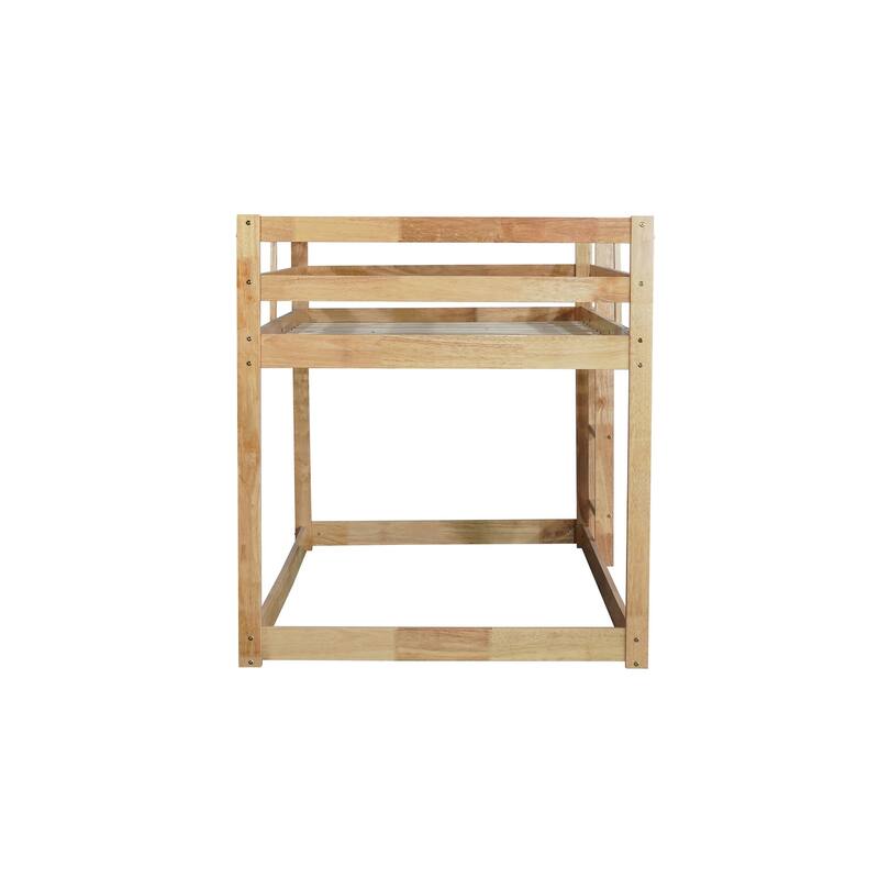 Wooden Twin over Twin Floor Bunk Bed with Ladder, with Bed Platform of Strengthened Slats