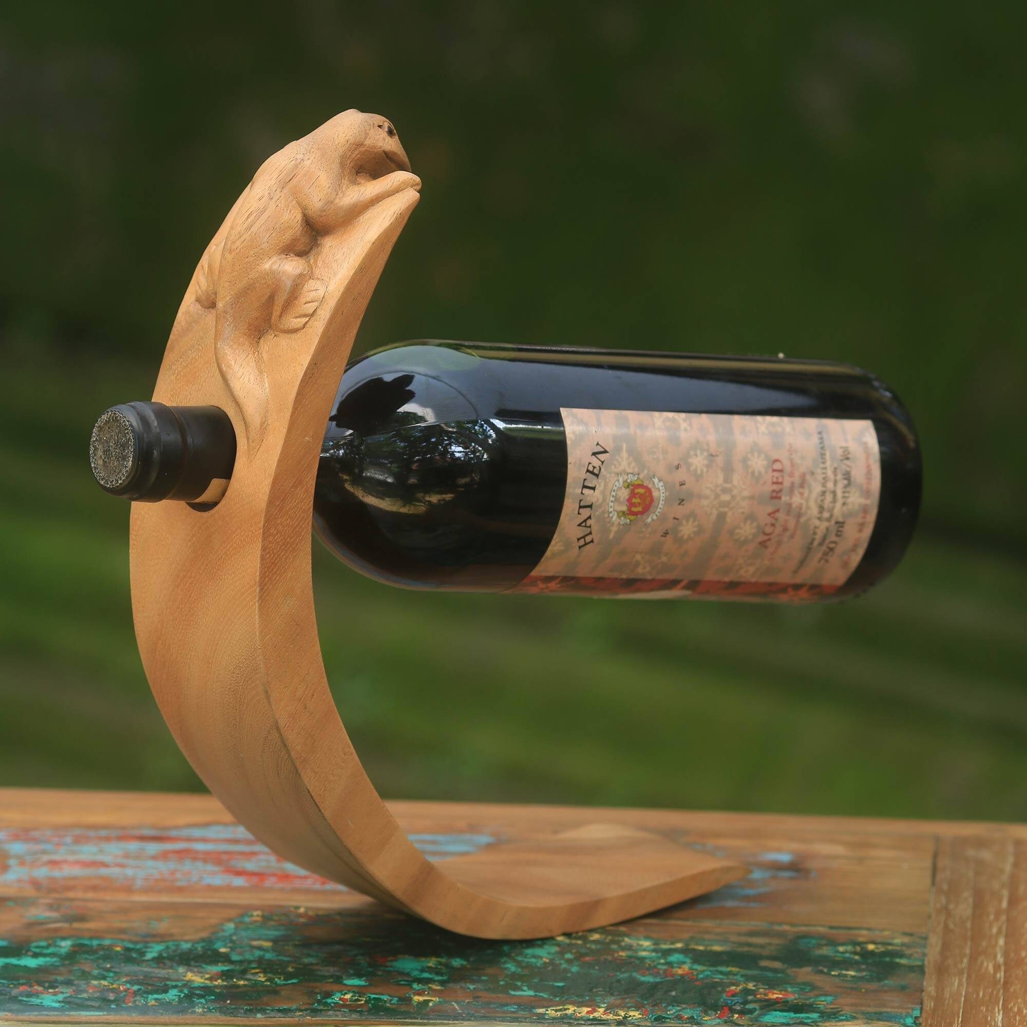 Wine Bottle Holder Wood Sculpture Decorative Art 'Playful Pose' NOVICA Bali 