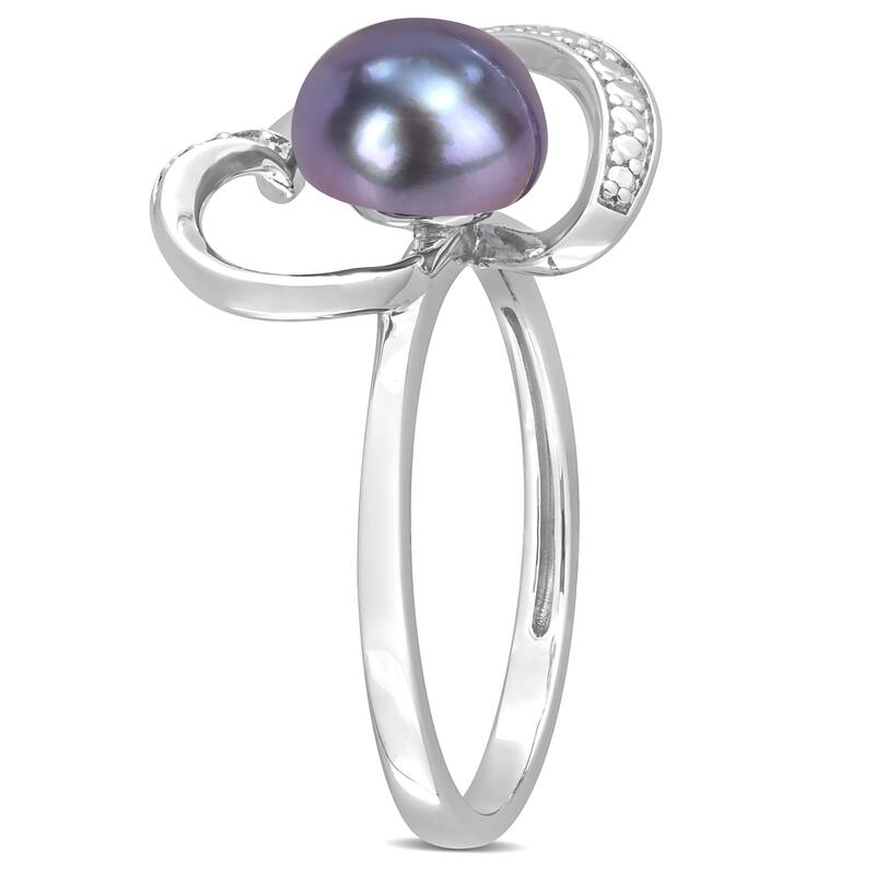 Miadora 8-8.5mm Black Cultured Freshwater Pearl and Diamond Accent Heart Ring in Sterling Silver