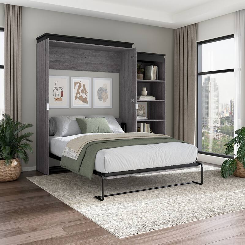 Orion Queen Murphy Bed with Shelves (97W) by Bestar - Bark Gray & Graphite