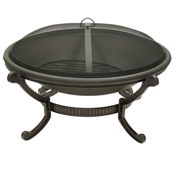Large Round Cast Iron Bronze Fire Pit with Spark Guard Screen - Black