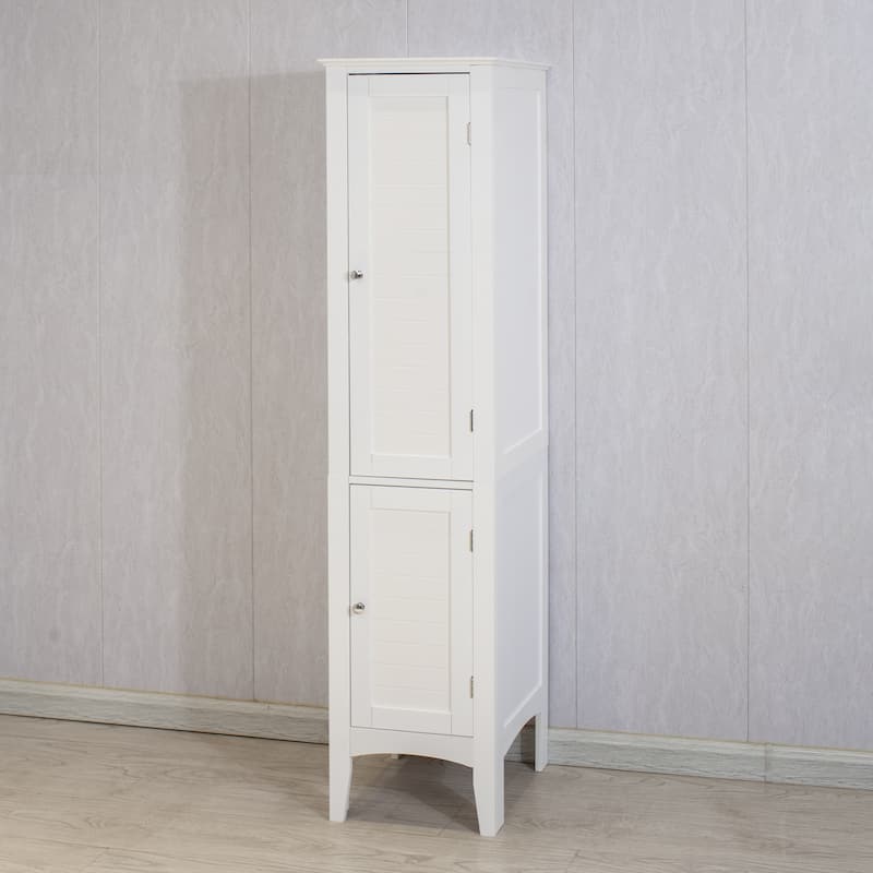 Tall Narrow Tower Freestanding Cabinet with 2 Shutter Doors 5 Tier Shelves,White - White