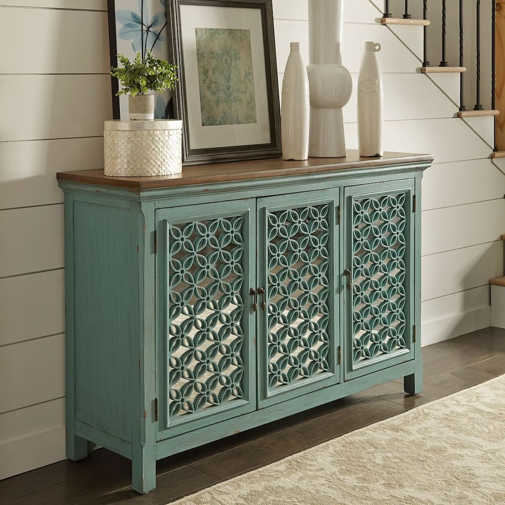 Kensington Turquoise W/ Worn Wood Tone Top 3 Door Accent Cabinet