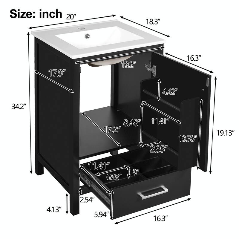 Modern Bathroom Vanity with Ceramic Sink - Soft-Close Drawers, Door Organizer, Divider Drawer