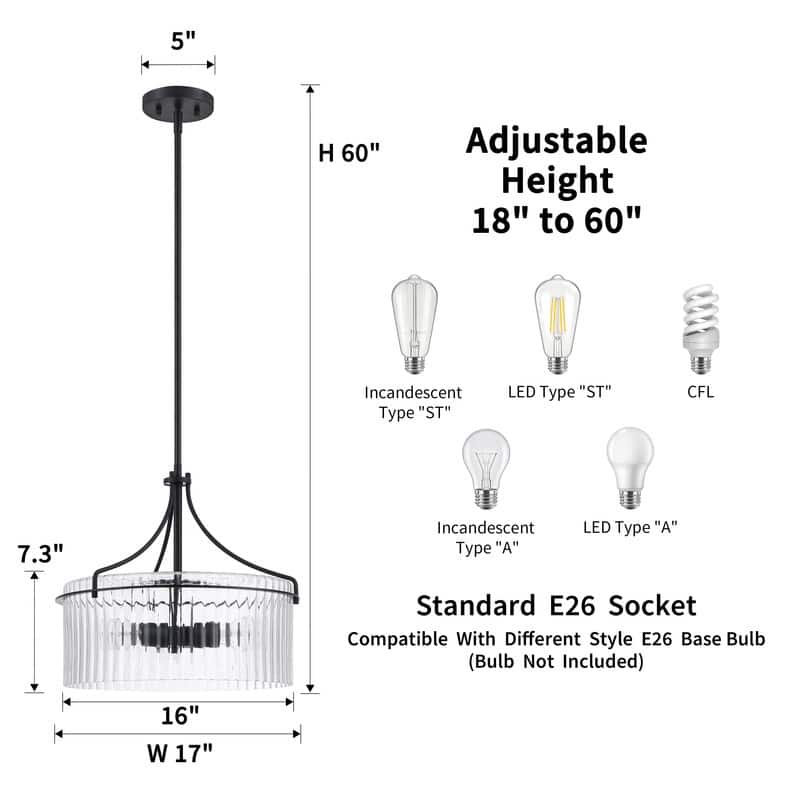 KAWOTI 3-Light Pendant Light with Clear Ribbed Drum Shade - W17" x D17" x H15.5"