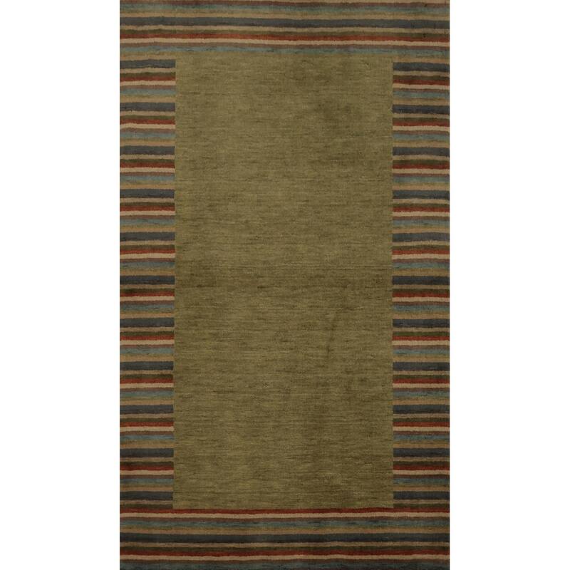 Hand Knotted Oriental 100% Wool Carpet Modern Geometric Green Gabbeh Area Rug - 5' 7'' X 3' 5''