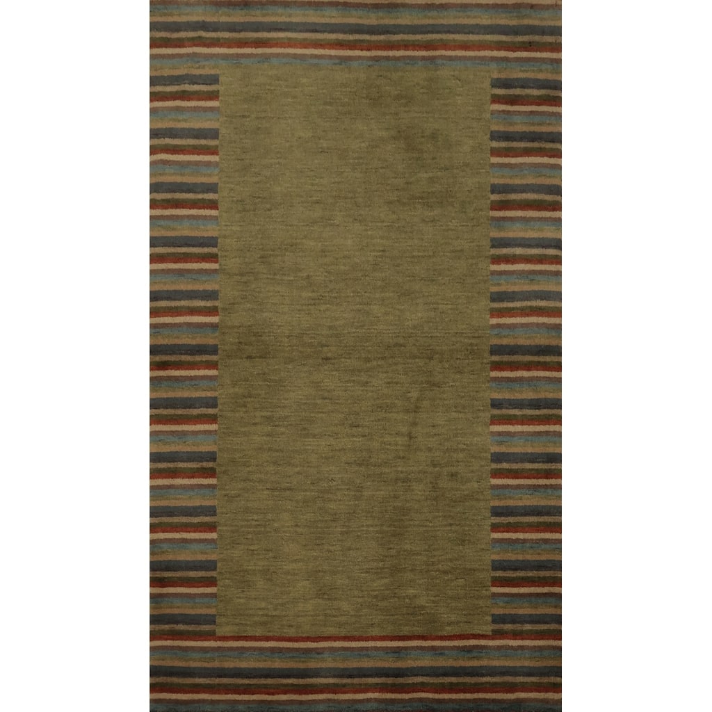 Hand Knotted Oriental 100% Wool Carpet Modern Geometric Green Gabbeh Area Rug - 5' 7'' X 3' 5''