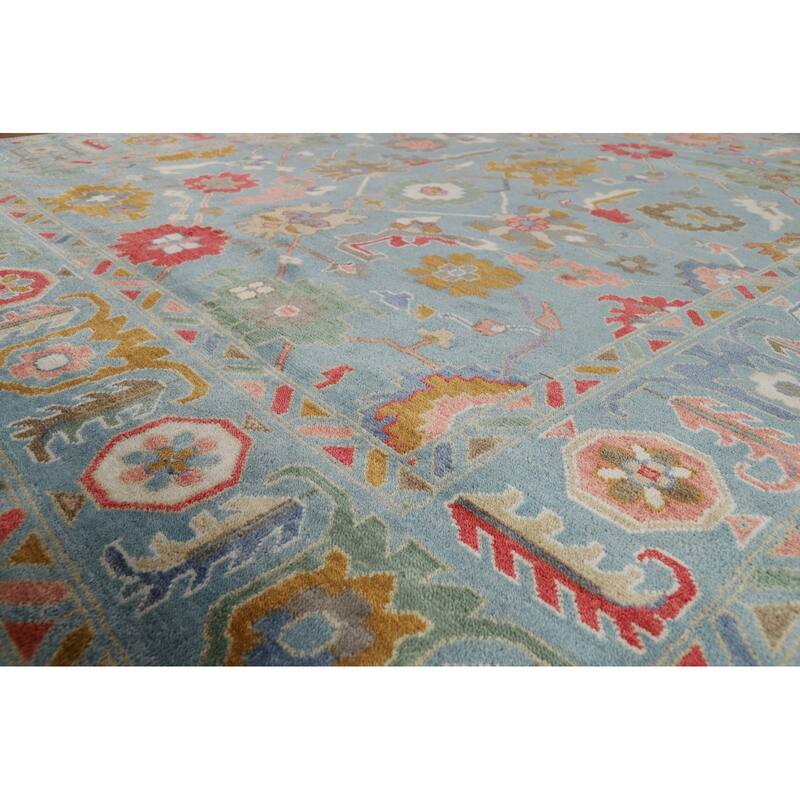 All-Over Blue Oushak Oriental Area Rug Hand-Knotted Wool Carpet - 9'2"x 11'11"