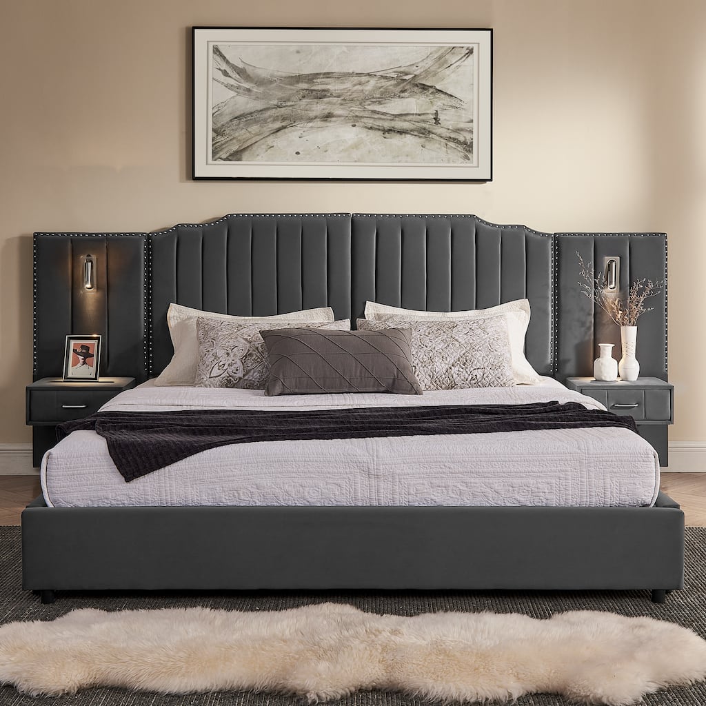 King-Size Velvet Upholstered Bed with Nightstand