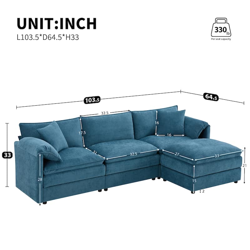 103.5" Chenille Sectional Sofa with 4-Seat L-Shaped Cloud Couch and Ottoman & Pocket Spring Cushions (330lb Capacity)