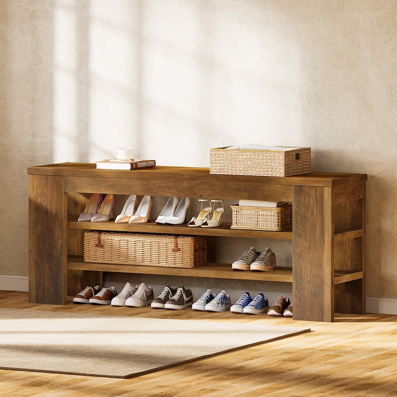 47'' Rustic Brown Wood 3-Tier Shoe Bench with Open Storage, Entryway Bench