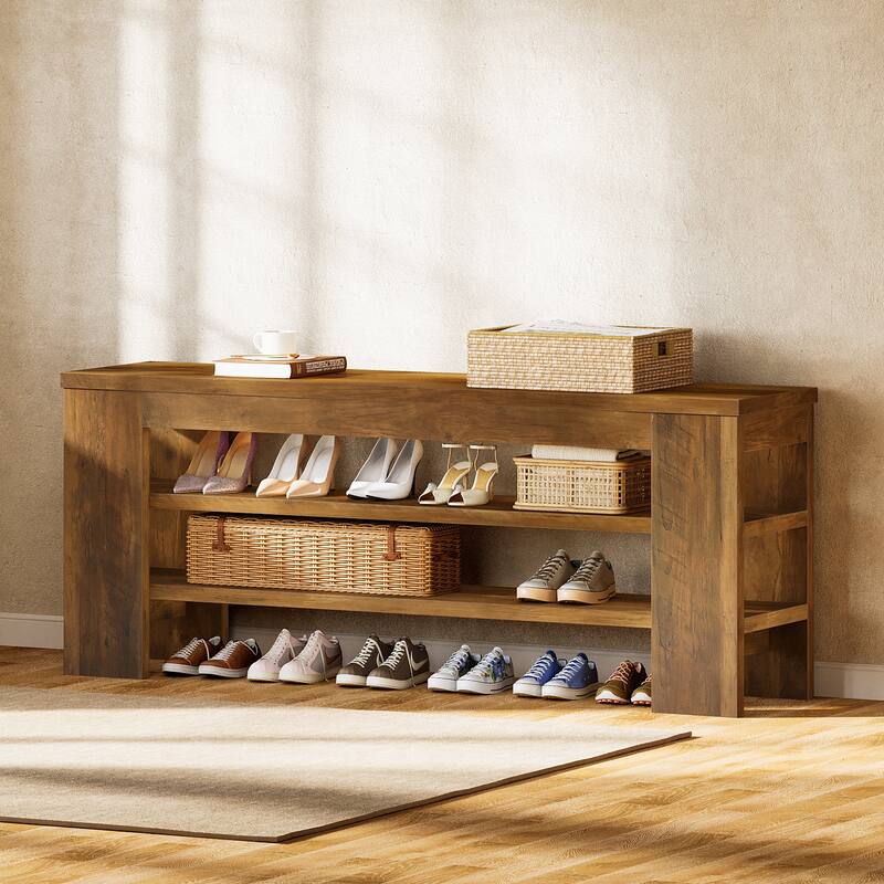 Open Bottom Bench 47'' Rustic Brown Wood 3-Tier Shoe Bench with Open Storage, Entryway ...