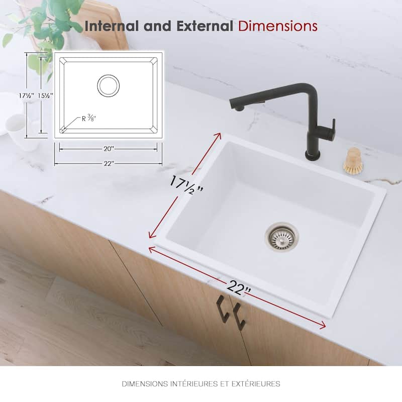 STYLISH Dual Mount 22" Single Bowl Composite Granite Kitchen Sink - 22" x 17.5" x 8.25"