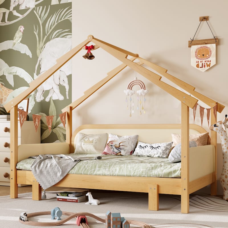Twin Wood Treehouse Bed with Soft Cushion Rails for Kids & Teens