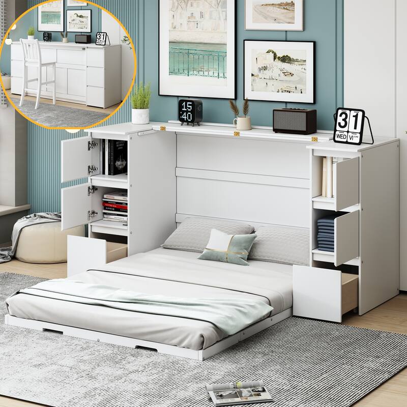 Modern Murphy Bed with Drawers, Cabinets, and USB Ports - White - Full