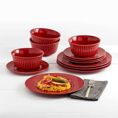 Tabletops Gallery Richmond Collection- 12 Piece Stoneware Embossed Dinnerware Set in Red