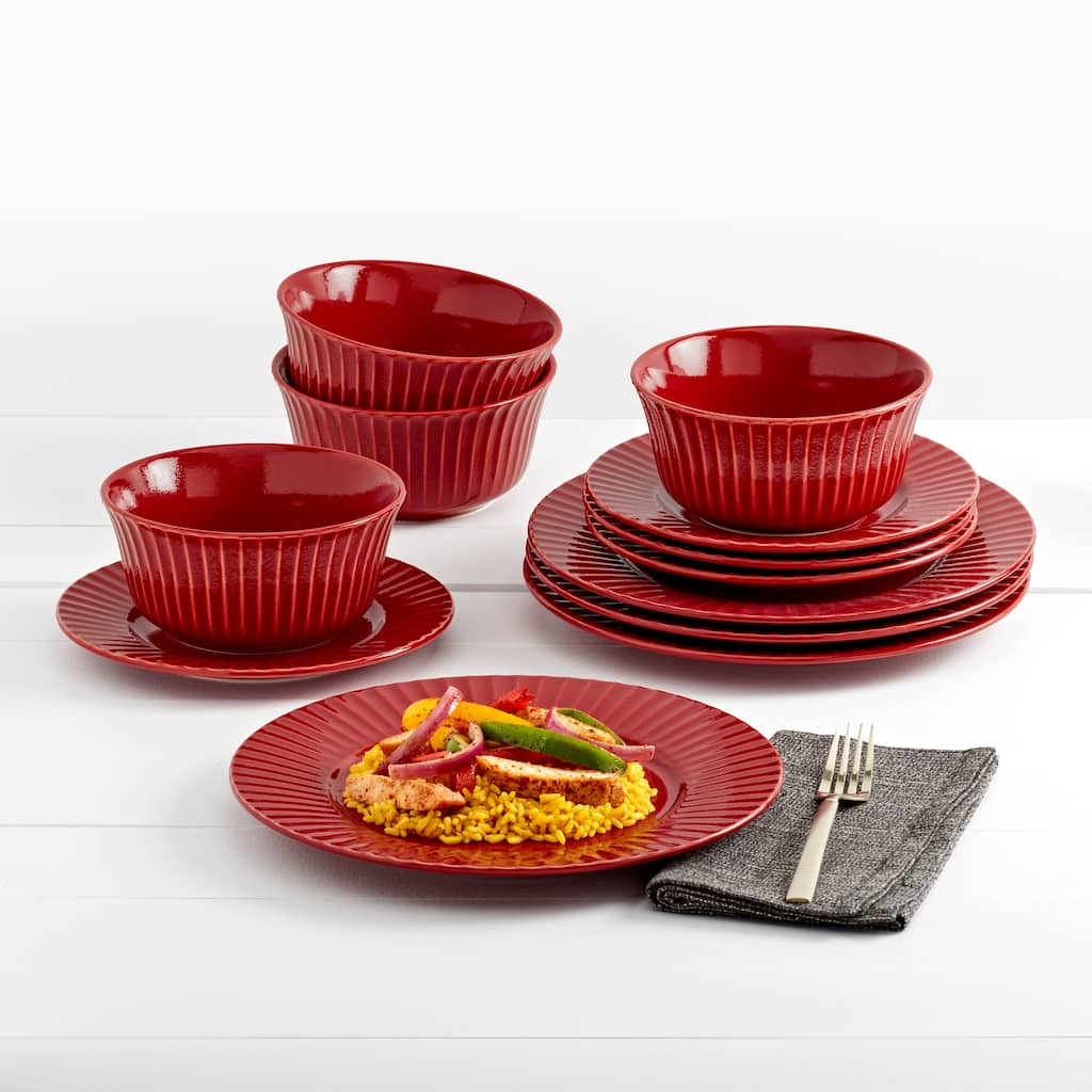 Tabletops Gallery Richmond Collection- 12 Piece Stoneware Embossed Dinnerware Set in Red