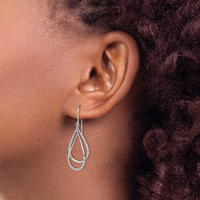 Curata 925 Sterling Silver Polished Shepherd hook Rhodium Plated Diamond Long Drop Dangle Earrings - 39x13mm Wide