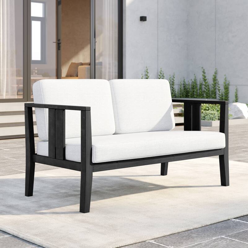 Outdoor Teak Solid Wood Patio Furniture Set Loveseat Armchair Table Collection - Loveseat - Blackframe-Beige