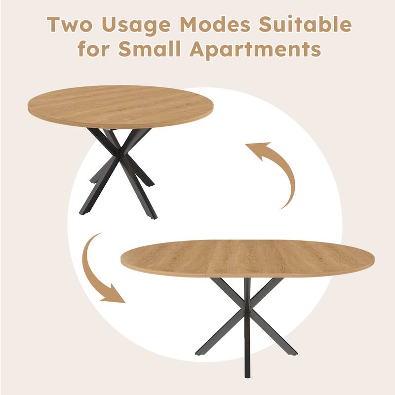 Extendable Round Dining Table Set for 2-6: 43" to 58" Oak Finish Expandable Table with Carbon Steel Base & Wood Chairs