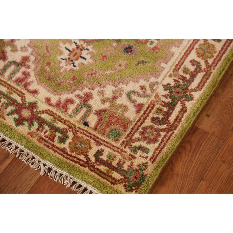 Green Geometric Heriz Serapi Indian Runner Rug Handmade Wool Carpet - 2'6" x 8'1"