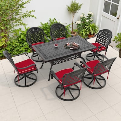 7-Piece Aluminum Rectangular Outdoor Patio Dining Set, 6 Cushioned Swivel Chairs, Table, All-Weather Frames