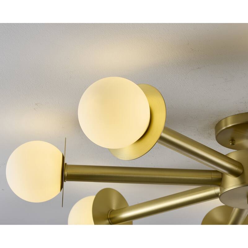 8-Light Satin Brass Flush Mount With White Glass Globe Shades